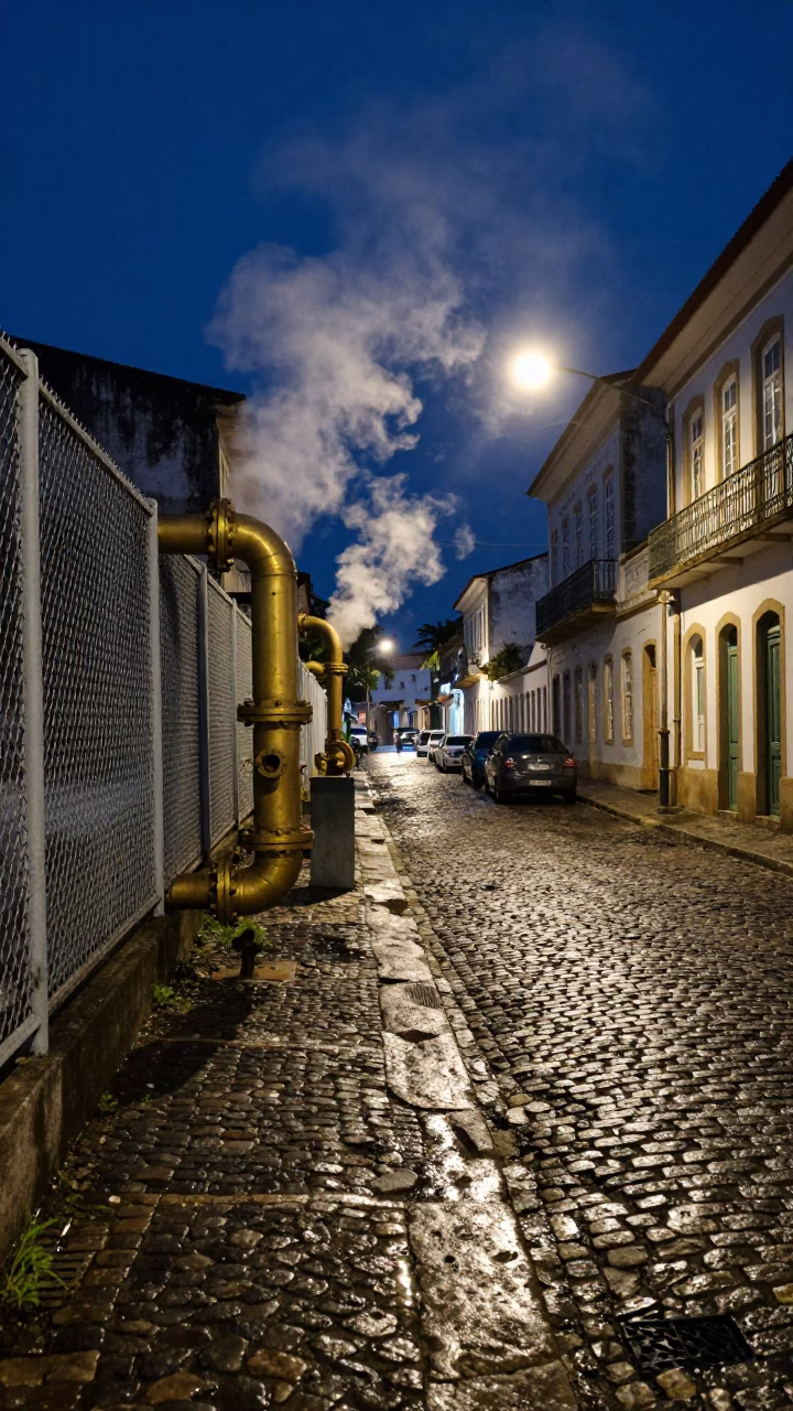 Midnight Street Scene in Salvador Brazil with Steam Pipe and Brass Fixture in in Salvador, Brazil