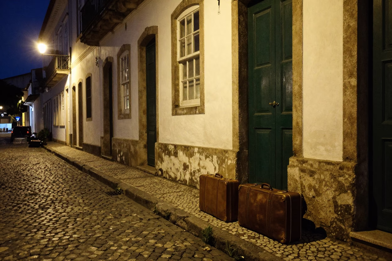 Midnight Street Scene in Salvador Brazil with Suitcases and Stair Rail in in Salvador, Brazil