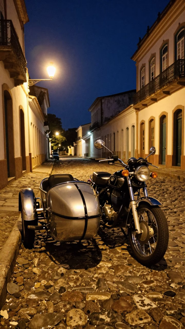 Midnight Street Scene in Salvador Brazil with Vintage Motorcycle and Cobblestones in in Salvador, Brazil
