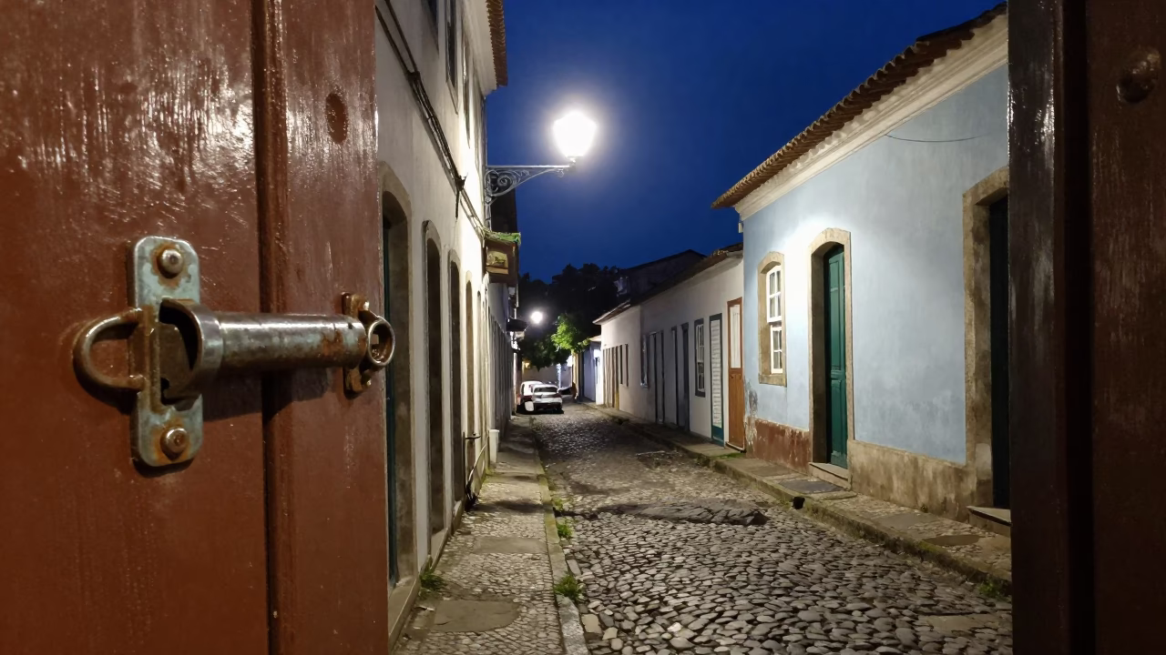 Midnight Street Scene in Salvador Brazil with Vintage Nickel Hardware and Urban Textures in in Salvador, Brazil