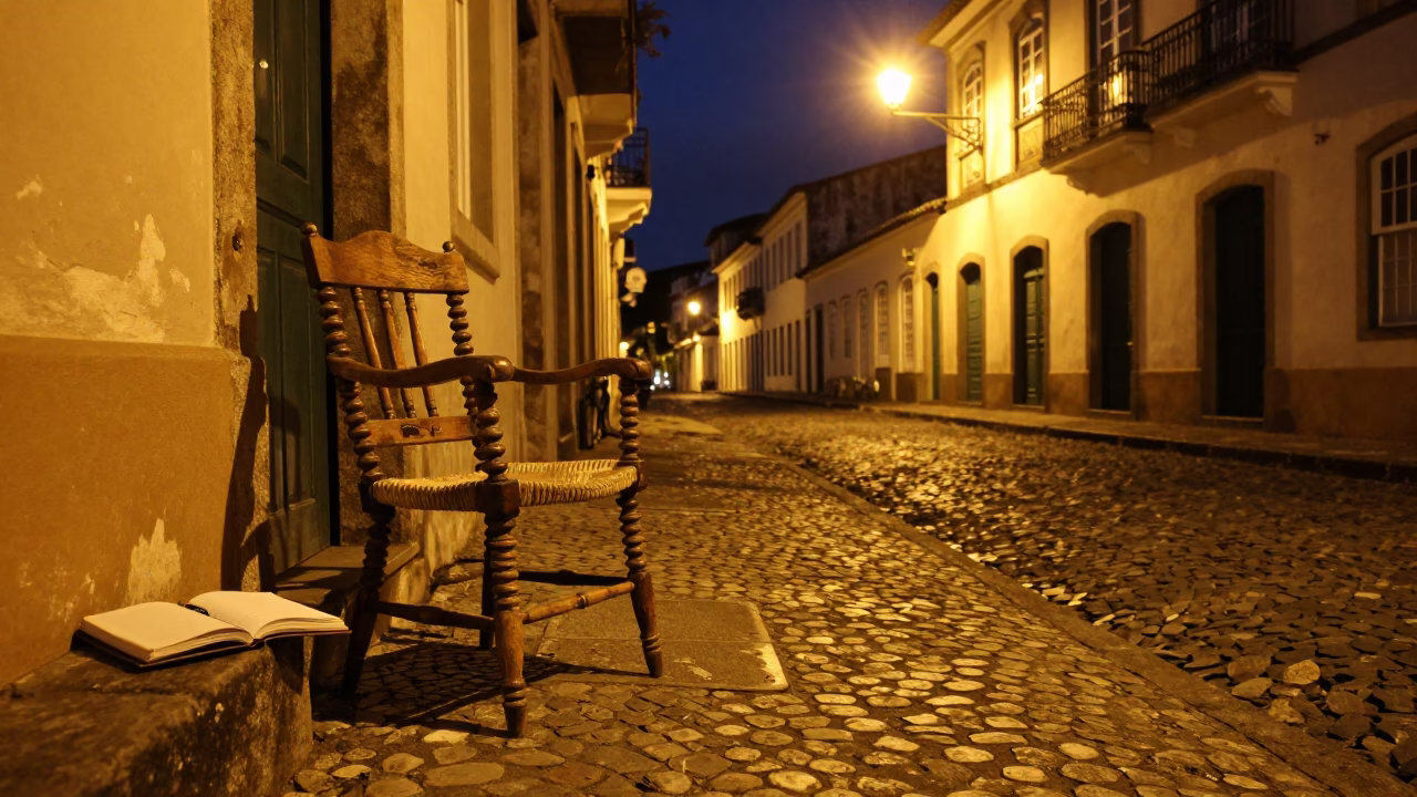 Midnight Street Scene in Salvador Brazil with Vintage Spindle Chair and Notebook in in Salvador, Brazil