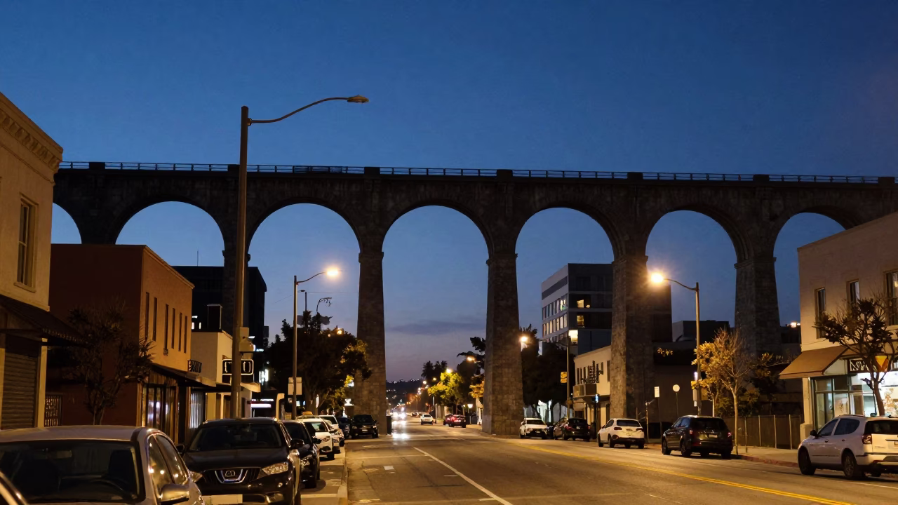 Midnight Street Scene in San Diego with Viaduct Arches and Urban Activity in in San Diego, California, United States