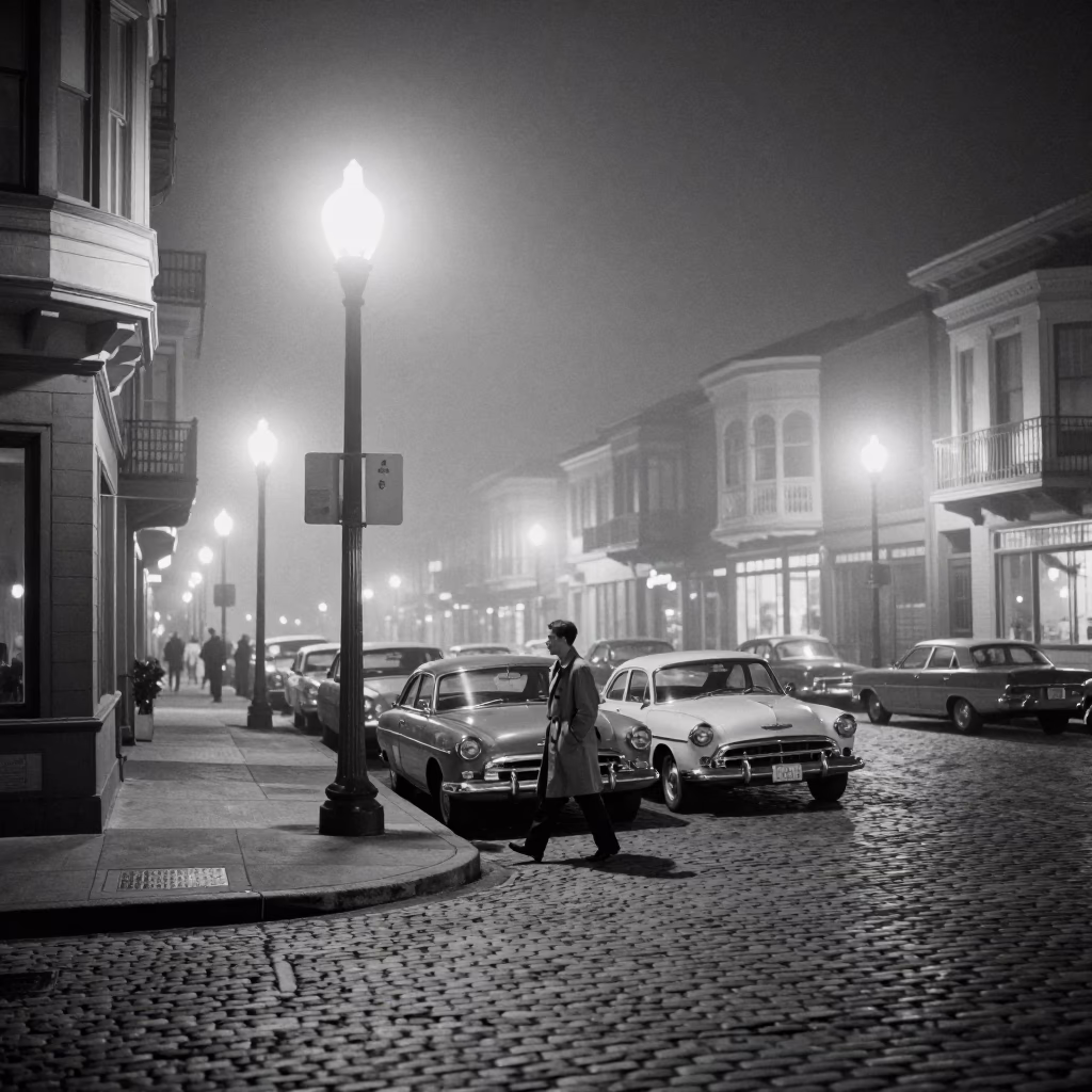 Midnight Street Scene in San Francisco California with Vintage 1950s Atmosphere and Urban Details in in San Francisco, California, United States
