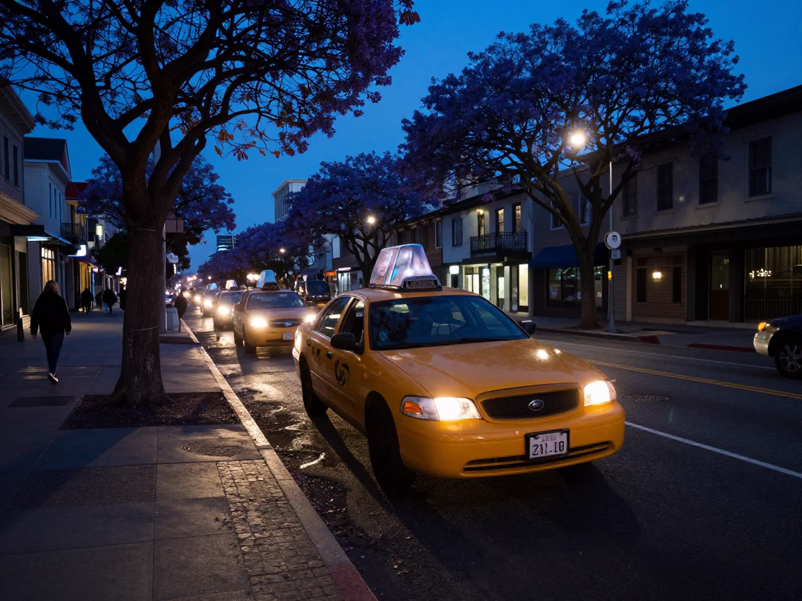 Midnight Street Scene in San Francisco with Taxi and Urban Details in in San Francisco, California, United States