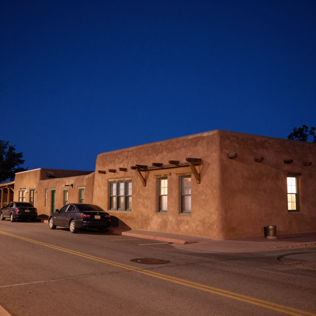 Midnight Street Scene in Santa Fe New Mexico with Adobe Architecture and Parked Cars in in Santa Fe, New Mexico, United States