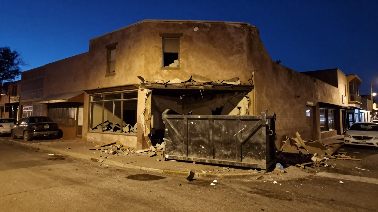 Midnight Street Scene in Santa Fe New Mexico with Gutted Storefront and Demolition Dumpster in in Santa Fe, New Mexico, United States