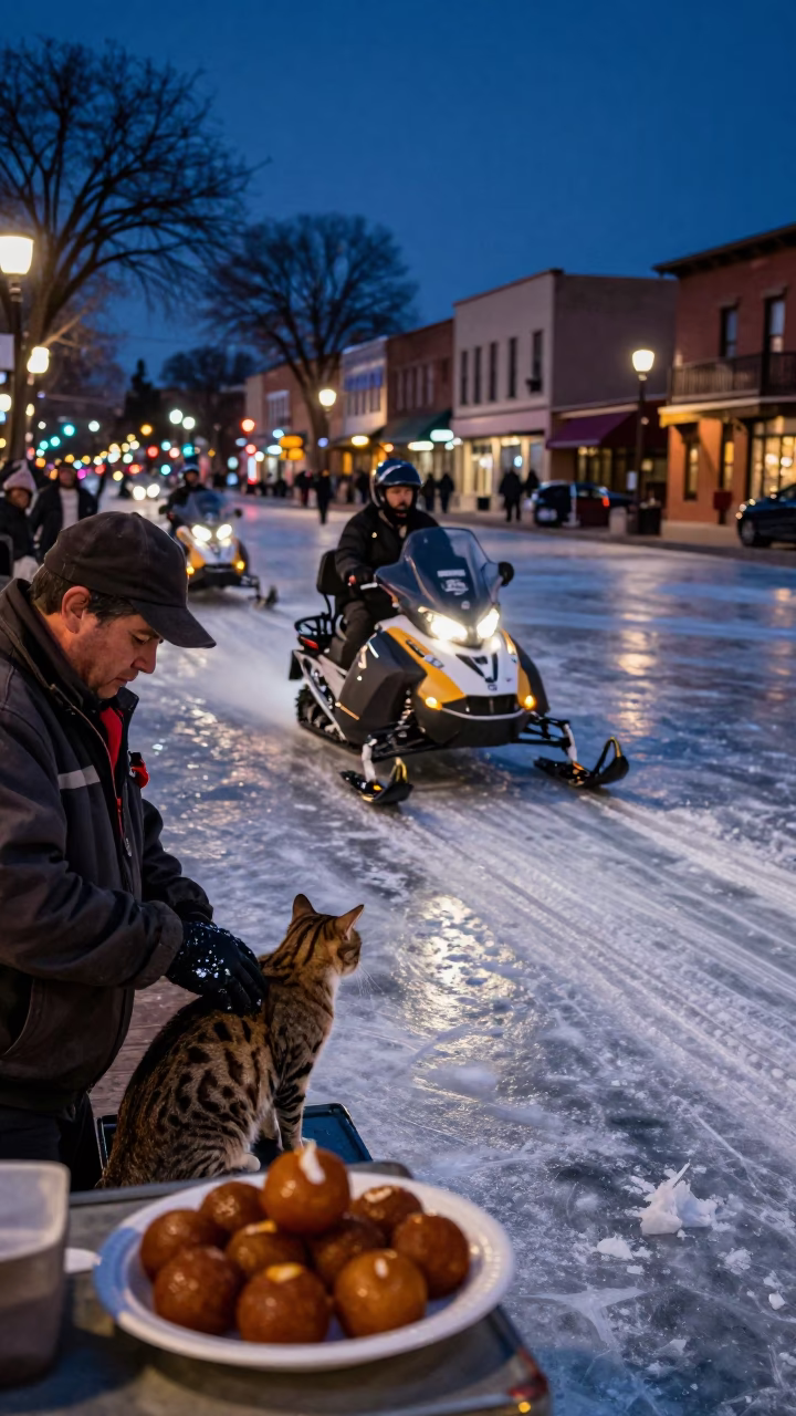 Midnight Street Scene in Santa Fe New Mexico With Snowmobile and Savannah Cat in in Santa Fe, New Mexico, United States
