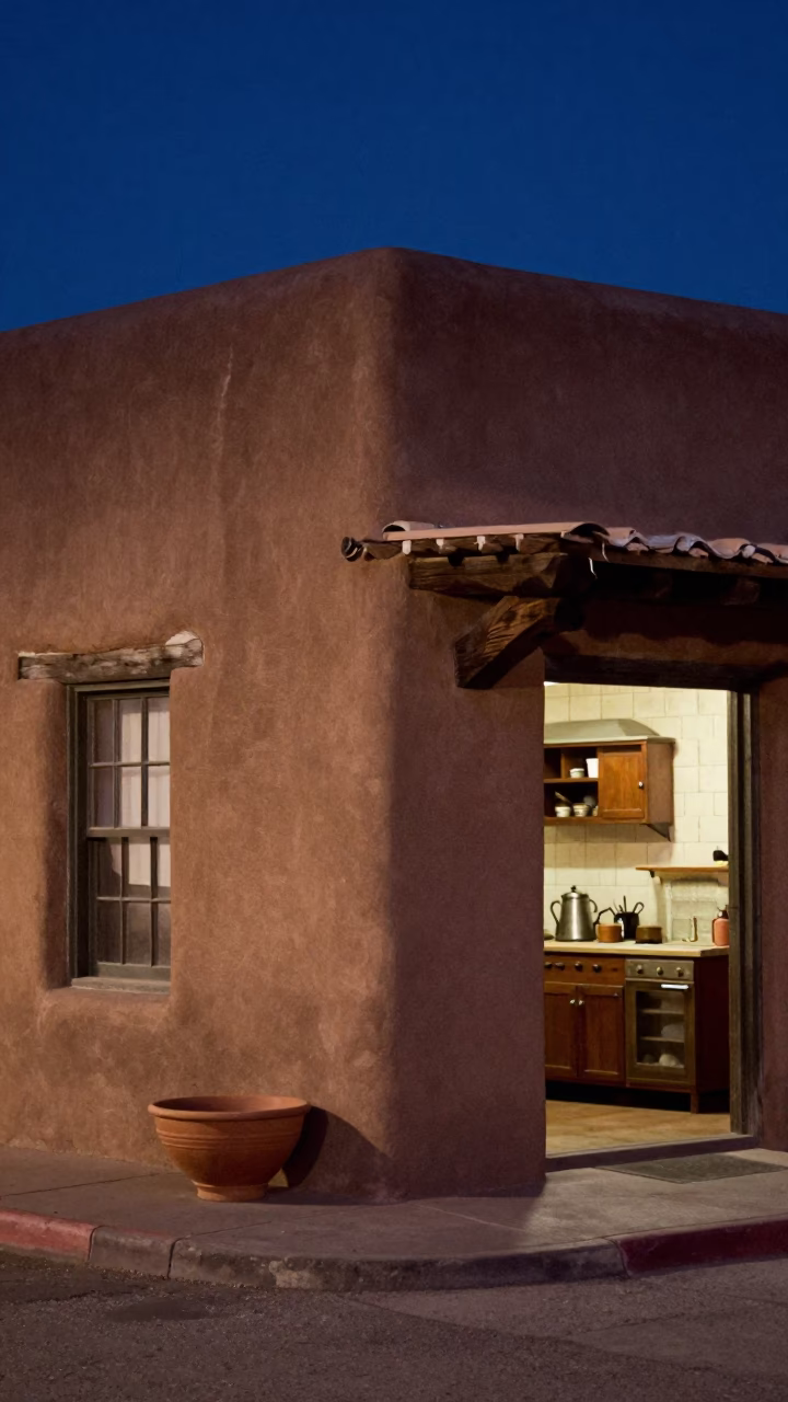 Midnight Street Scene in Santa Fe New Mexico with Terracotta Bowl and Kitchen Stool in in Santa Fe, New Mexico, United States