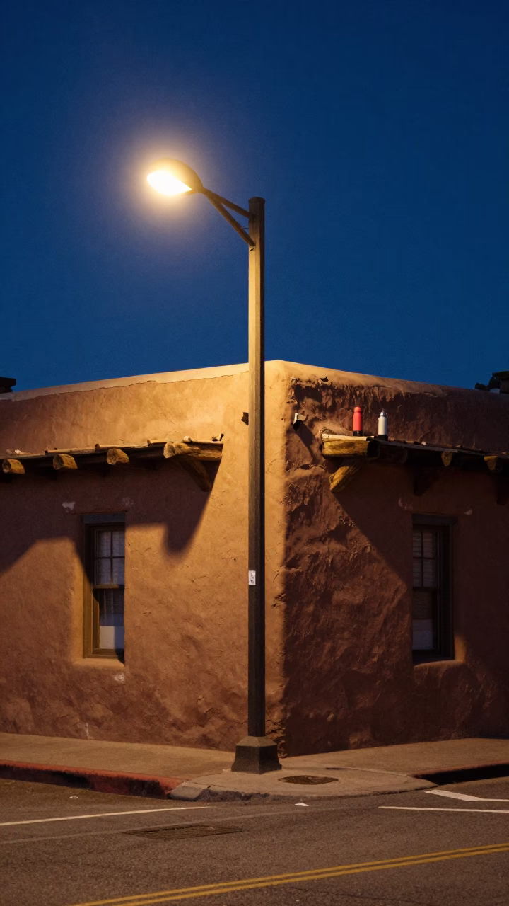 Midnight Street Scene in Santa Fe New Mexico with Thermos and adobe Architecture in in Santa Fe, New Mexico, United States