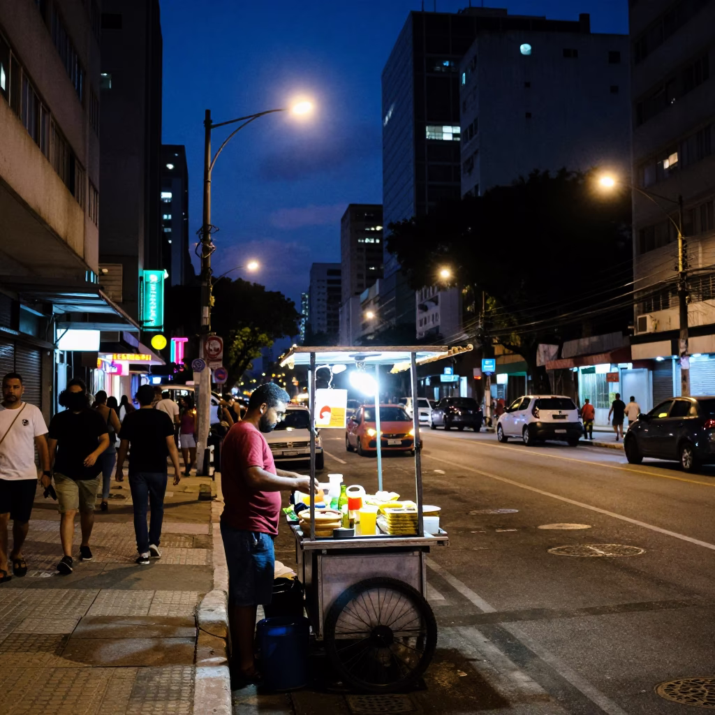 Midnight Street Scene in São Paulo Brazil with Neon Signs and Urban Details in in São Paulo, Brazil