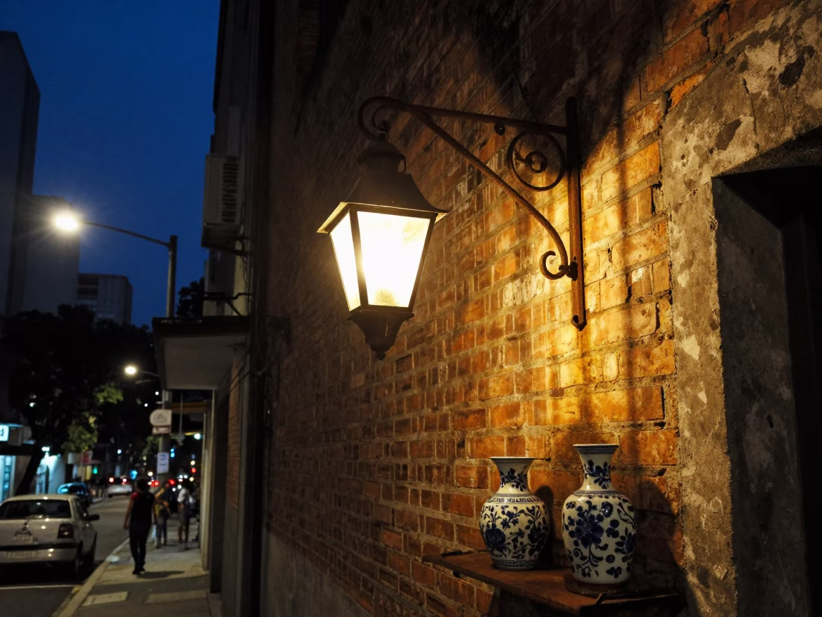 Midnight Street Scene in São Paulo Brazil with Vintage Lantern and Porcelain Jar in in São Paulo, Brazil
