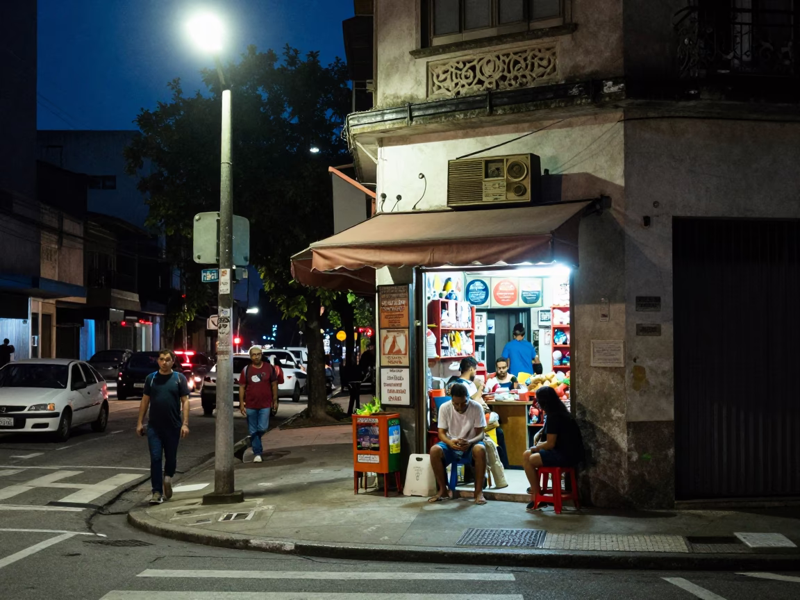 Midnight Street Scene in São Paulo Brazil with Vintage Radio and Urban Nightlife in in São Paulo, Brazil