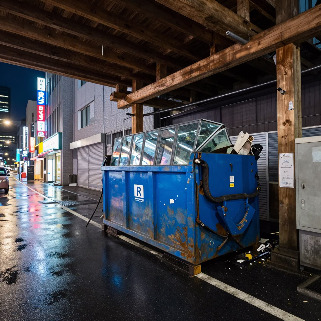 Midnight Street Scene in Sapporo Japan with Demolition Dumpster and Glass Jar in in Sapporo, Japan