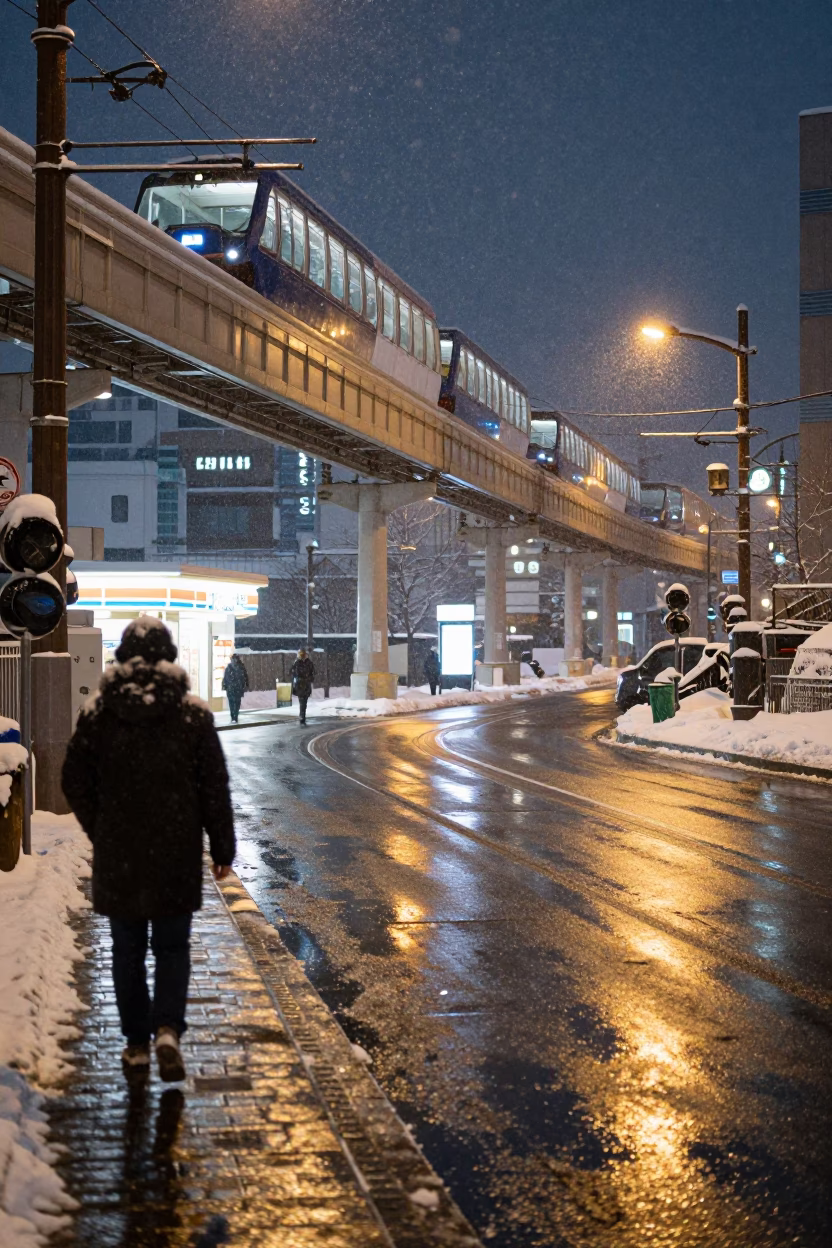 Midnight street scene in Sapporo Japan with monorail reflection and snow in in Sapporo, Japan