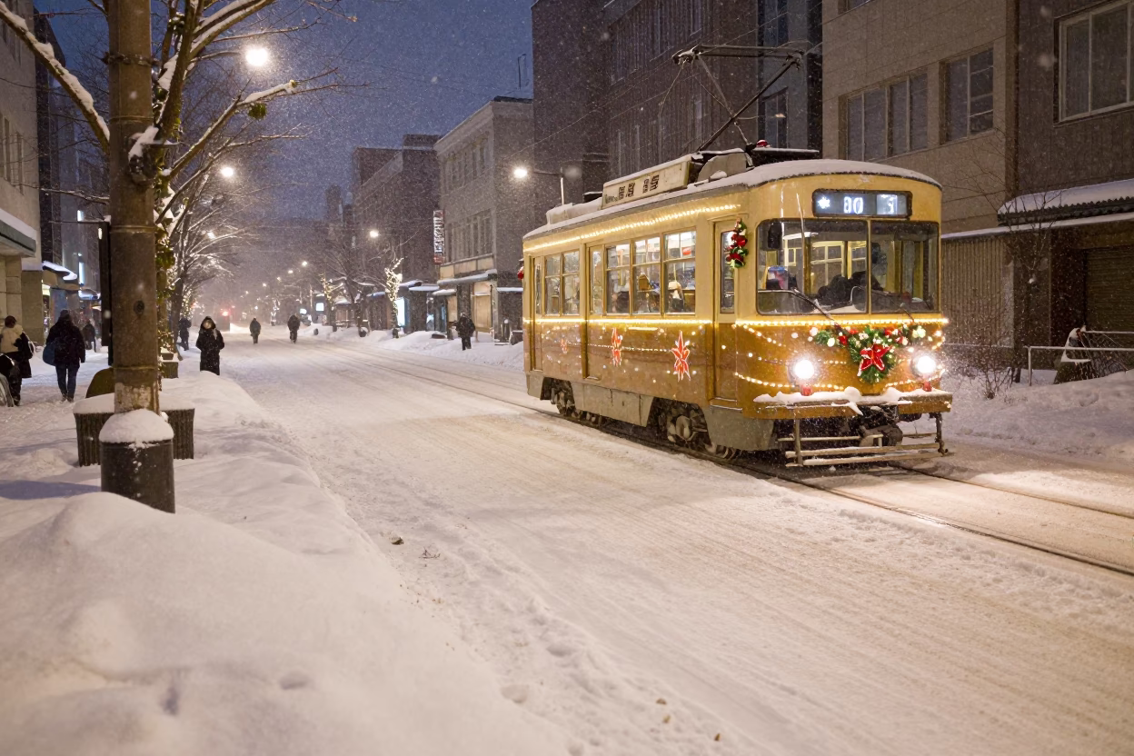 Midnight Street Scene in Sapporo Japan with Snowy Avenue and Tramcar in in Sapporo, Japan