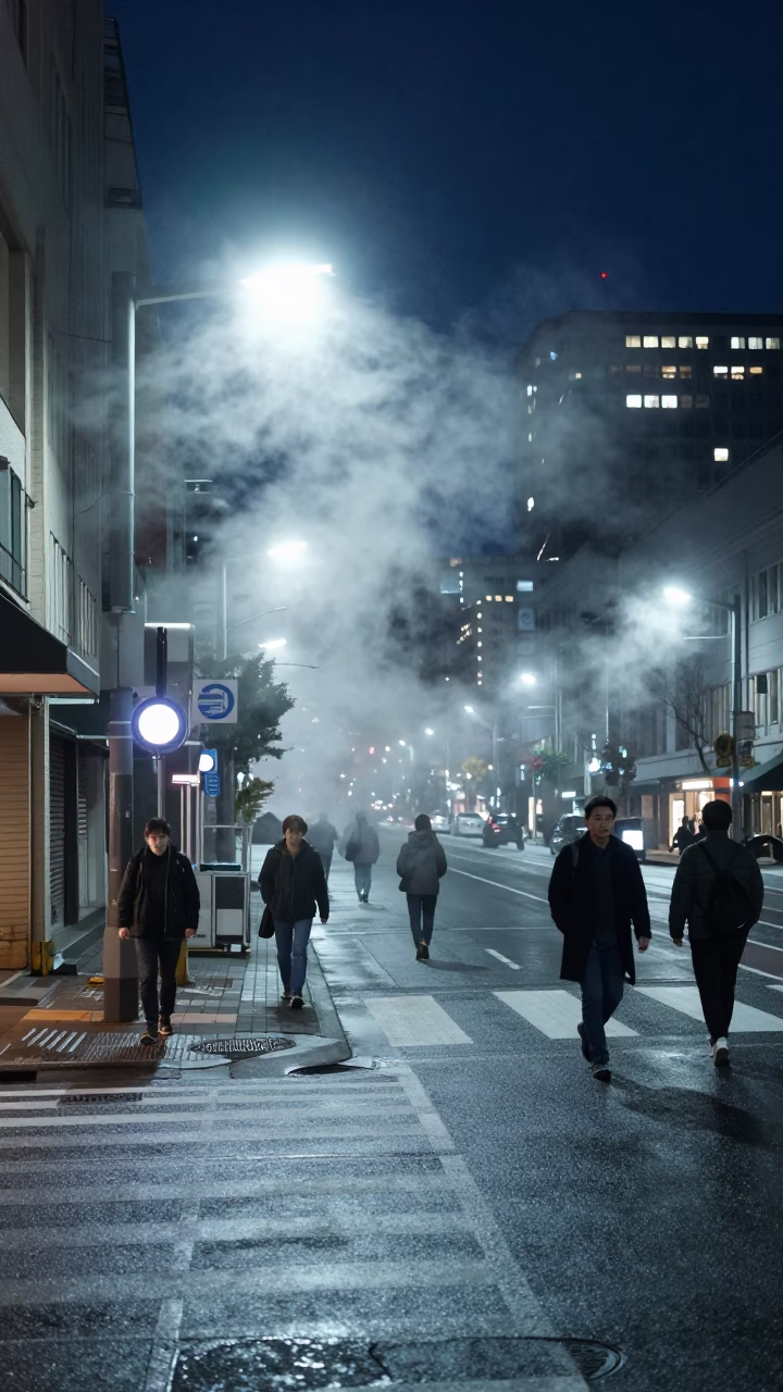 Midnight Street Scene in Sapporo Japan with Steam Haze and Urban Activity in in Sapporo, Japan