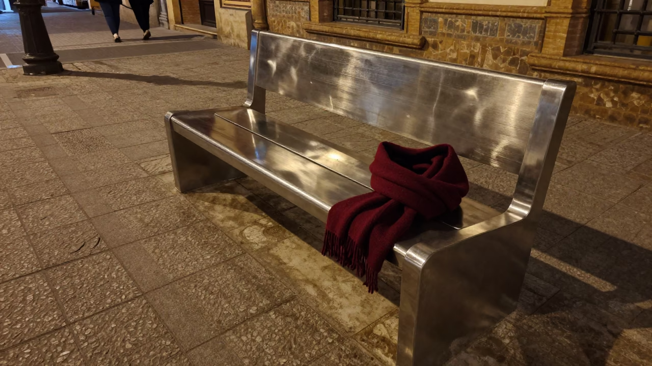 Midnight Street Scene in Seville Spain with Brushed Steel Bench and Wool Scarves in in Seville, Spain