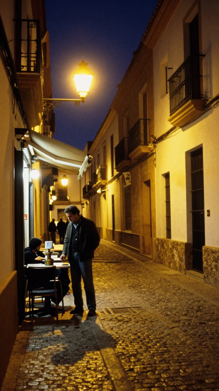 Midnight Street Scene in Seville Spain with Coffee Grinder and Lively Local Atmosphere in in Seville, Spain