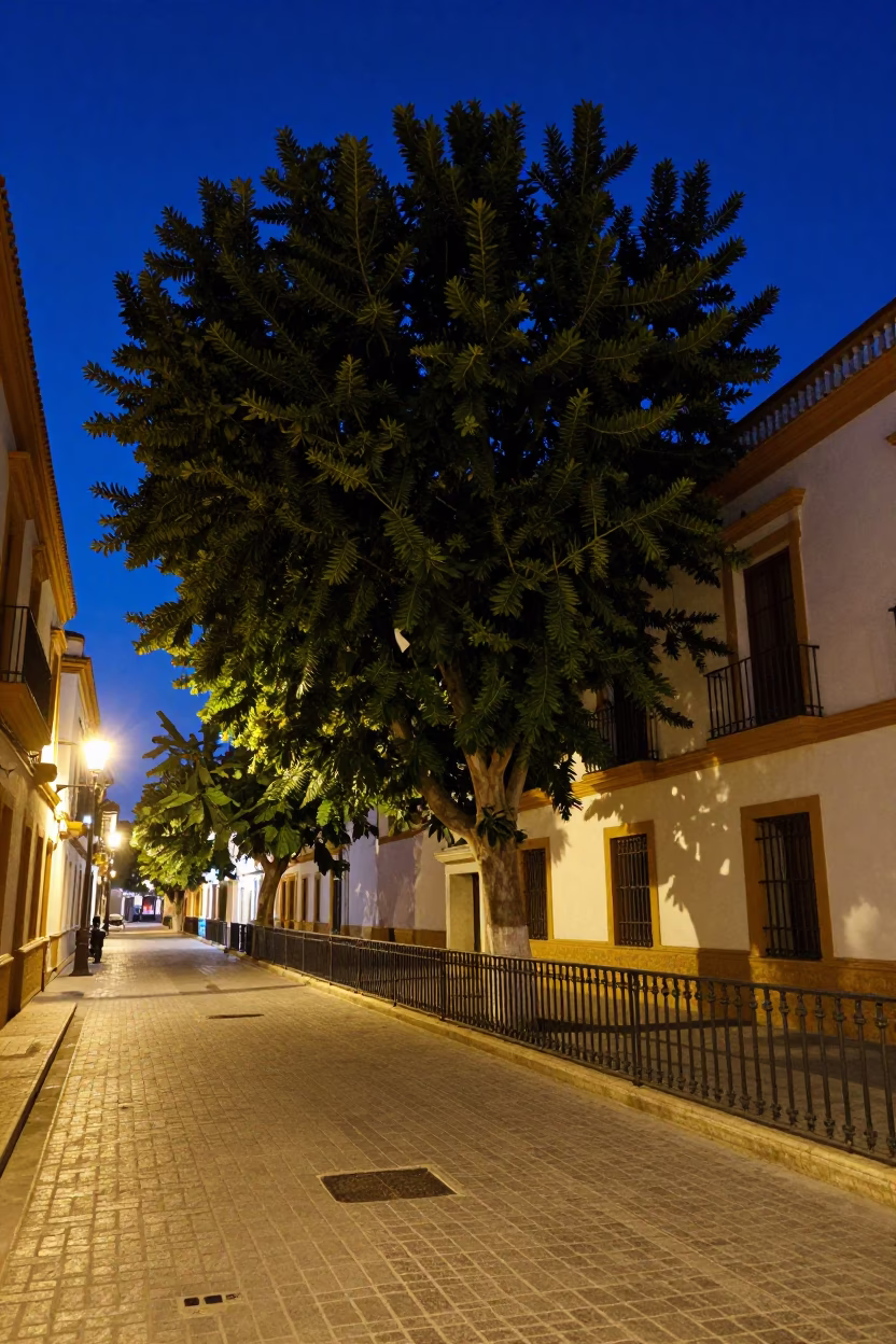 Midnight Street Scene in Seville Spain With Copper Beech Tree And Linen Fringe Rail in in Seville, Spain