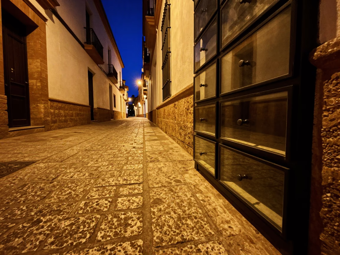 Midnight Street Scene in Seville Spain With Glass Drawer Pull Detail in in Seville, Spain
