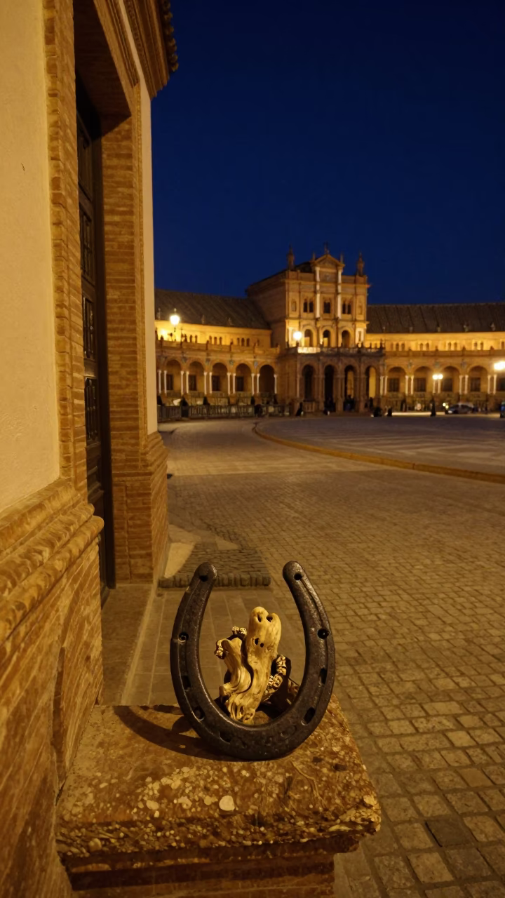 Midnight Street Scene in Seville Spain With Horseshoe Magnet And Driftwood On Cobblestone Plaza in in Seville, Spain