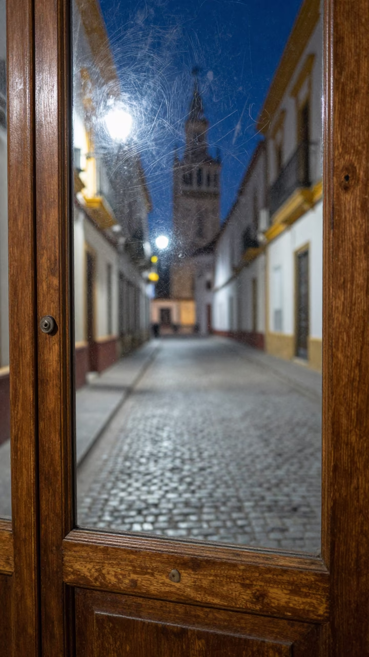 Midnight Street Scene in Seville Spain with Scratched Window Glass and Urban Shadows in in Seville, Spain