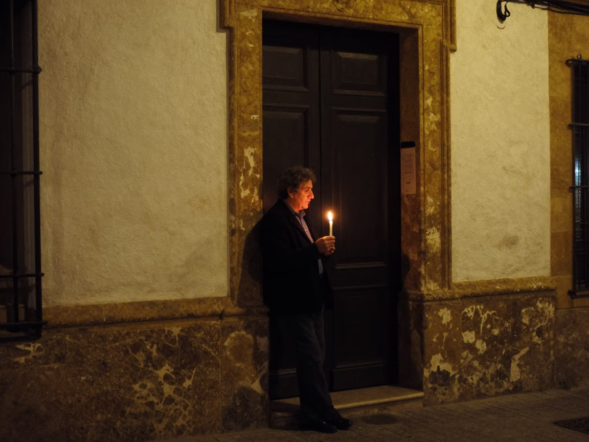 Midnight Street Scene in Seville Spain with Taper Candle and Peg Basket in in Seville, Spain