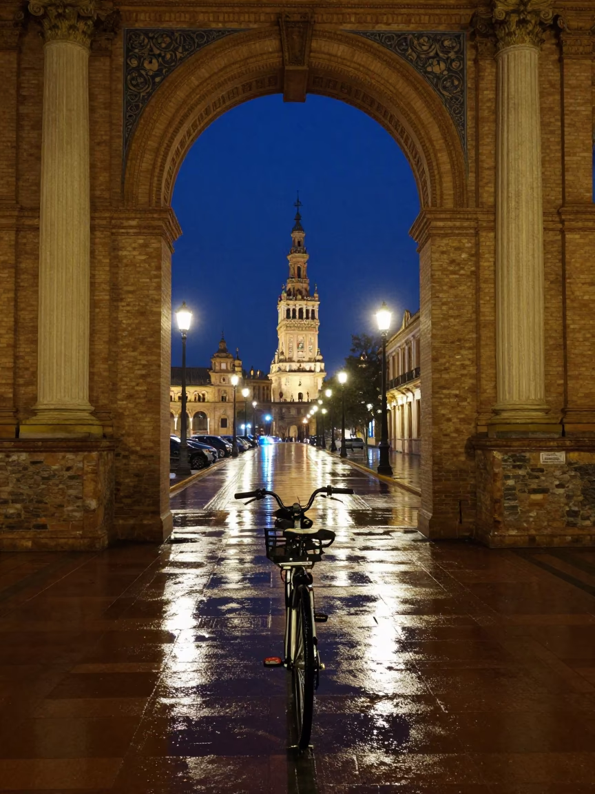 Midnight Street Scene in Seville Spain with University Archway and Wet Bicycle Rack in in Seville, Spain