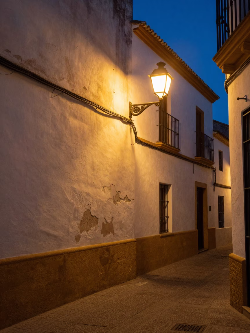 Midnight Street Scene in Seville Spain with Worn Plaster Walls and Vine Growth in in Seville, Spain