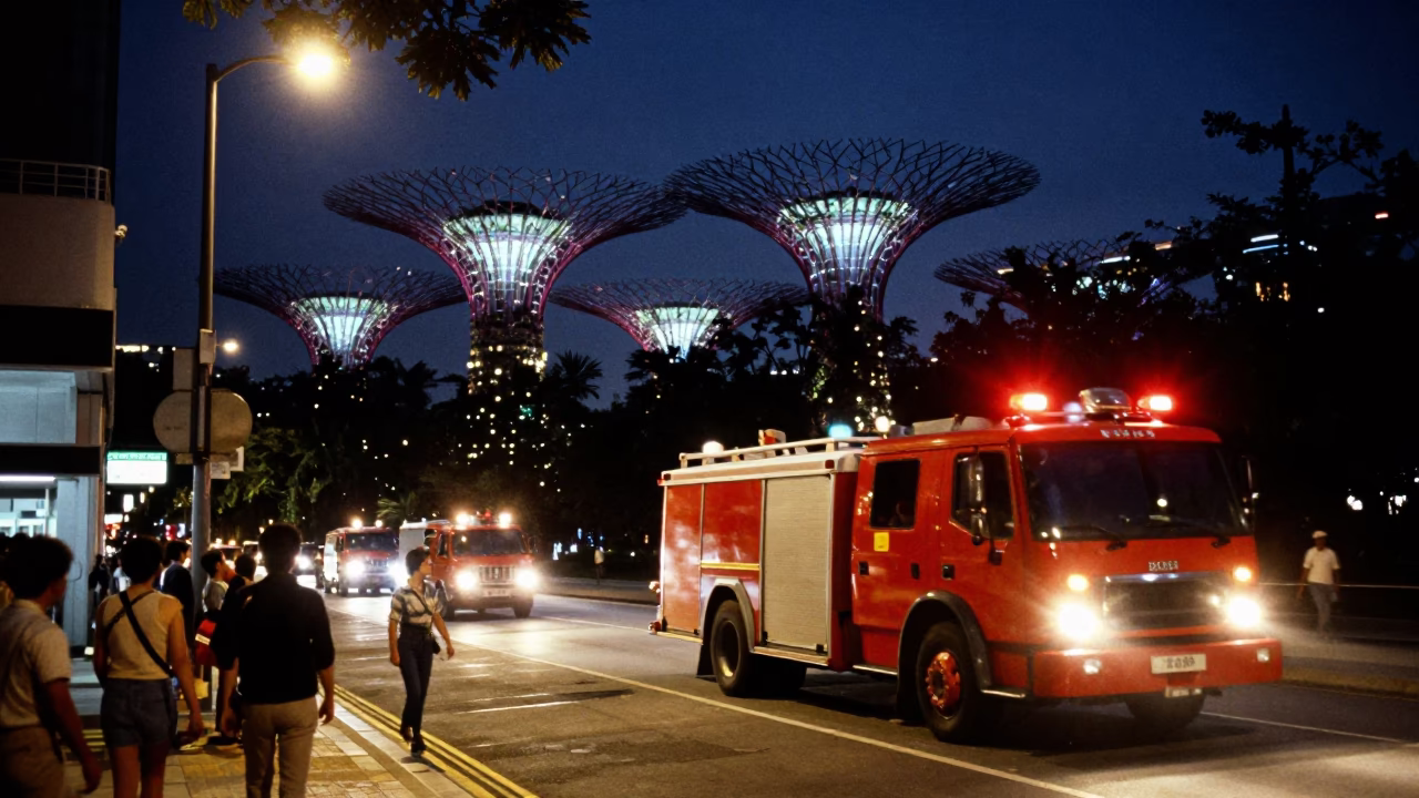 Midnight Street Scene in Singapore with Fire Engine Racing Past Supertree Grove in in Singapore, Singapore