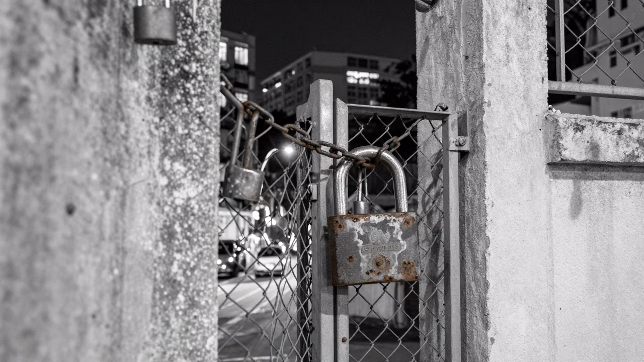 Midnight Street Scene in Singapore with Padlock and Concrete Details in in Singapore, Singapore