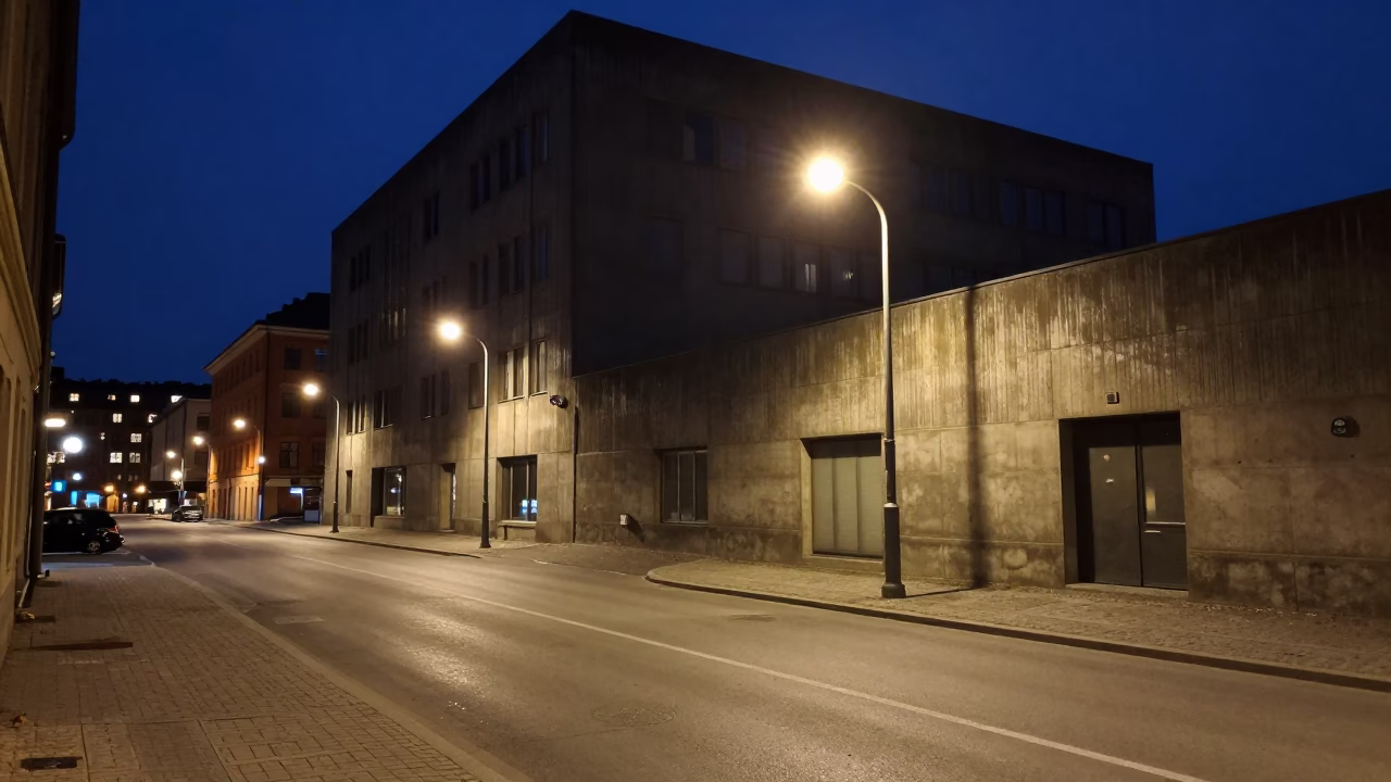 Midnight Street Scene in Stockholm Sweden with Concrete Brutalist Architecture and Urban Lighting in in Stockholm, Sweden