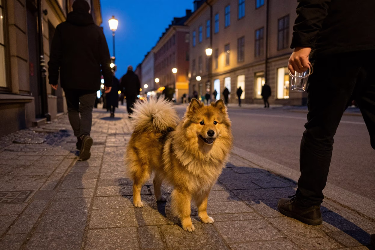 Midnight Street Scene in Stockholm Sweden with Finnish Spitz Dog and Glass Cup in in Stockholm, Sweden