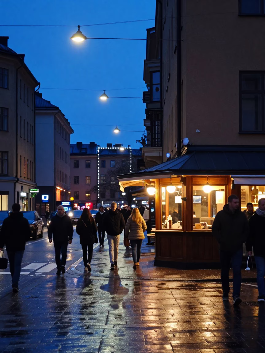 Midnight Street Scene in Stockholm Sweden with Neon Lights and Urban Activity in in Stockholm, Sweden