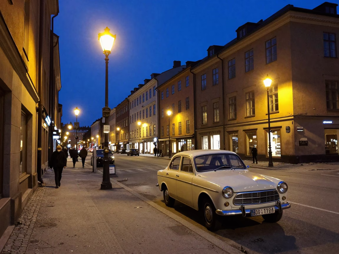 Midnight Street Scene in Stockholm Sweden with Vintage 1950s Atmosphere and Urban Details in in Stockholm, Sweden