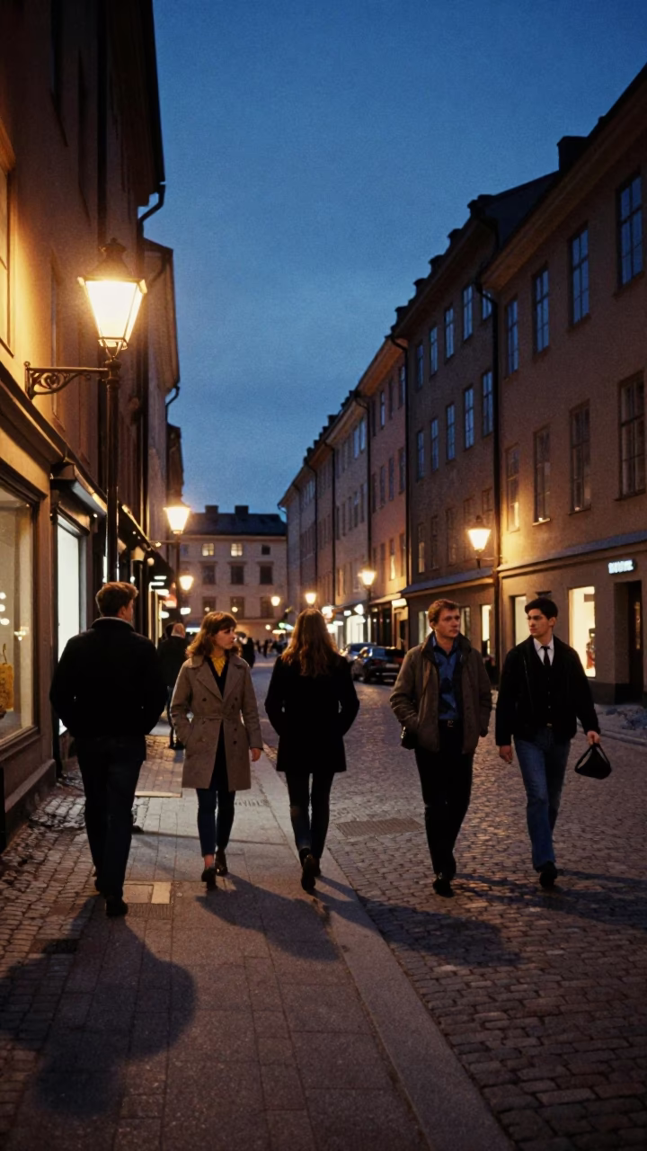 Midnight Street Scene in Stockholm Sweden with Vintage 1960s Aesthetic and Urban Life in in Stockholm, Sweden