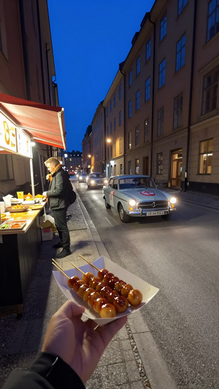 Midnight Street Scene in Stockholm Sweden with Vintage Car Rally and Serving Platter in in Stockholm, Sweden