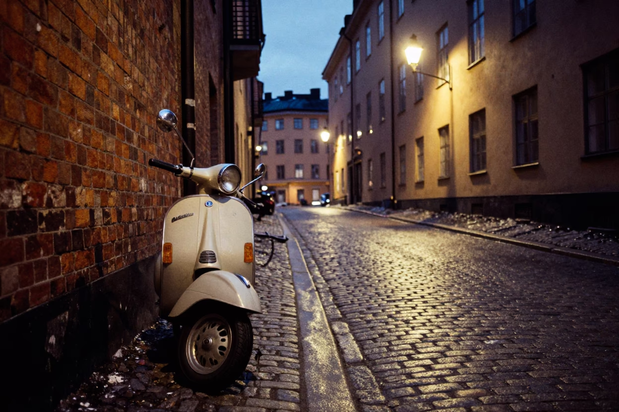 Midnight Street Scene in Stockholm Sweden with Vintage Vespa and Urban Architecture in in Stockholm, Sweden
