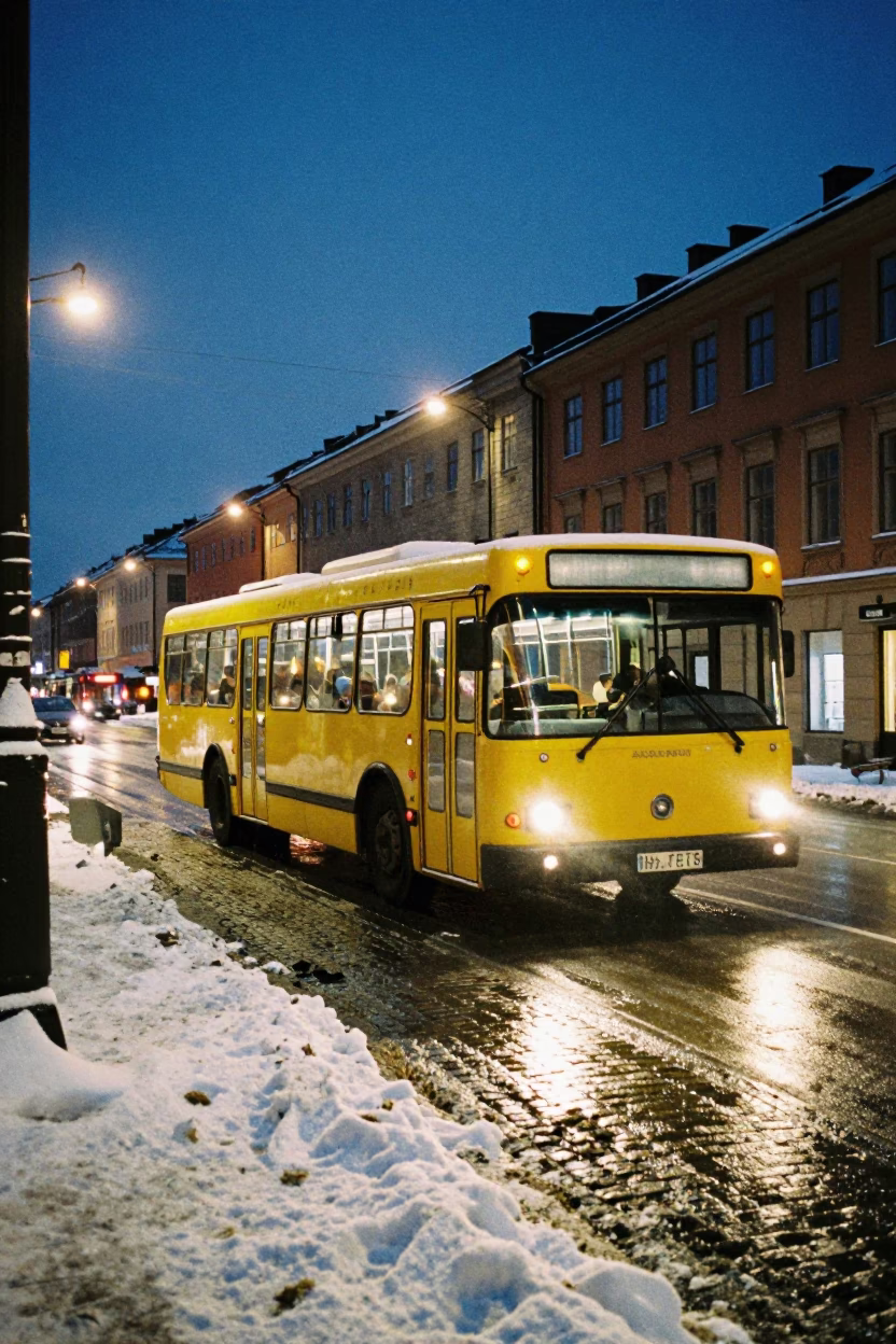 Midnight street scene in Stockholm Sweden with vintage yellow bus and snowy urban architecture in in Stockholm, Sweden