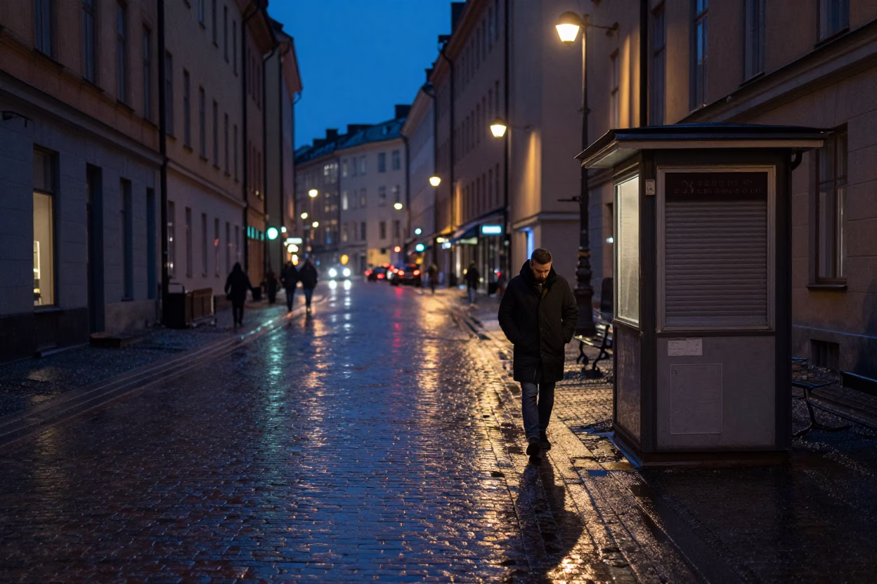 Midnight Street Scene in Stockholm Sweden with Wet Pavement and Urban Details in in Stockholm, Sweden