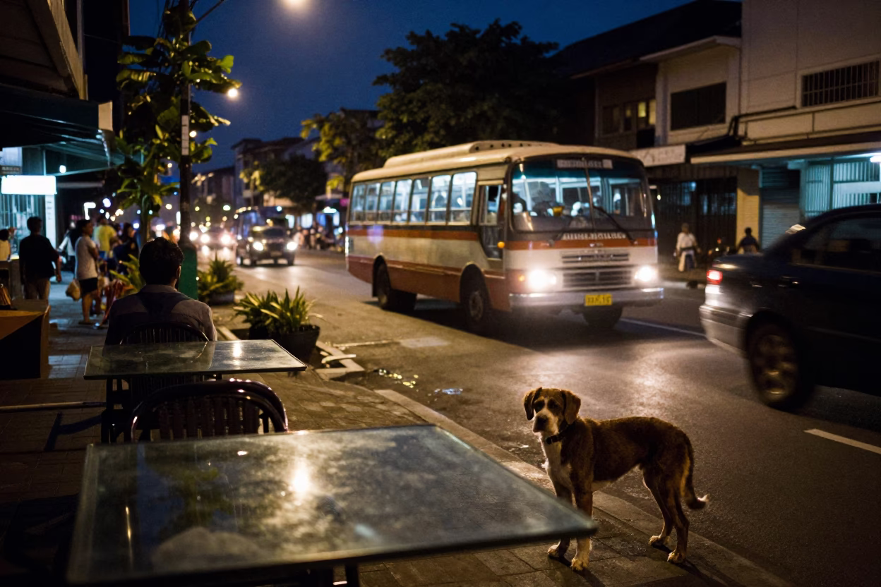 Midnight Street Scene in Surabaya Indonesia with Classic Bus and Glass Tabletop in in Surabaya, Indonesia