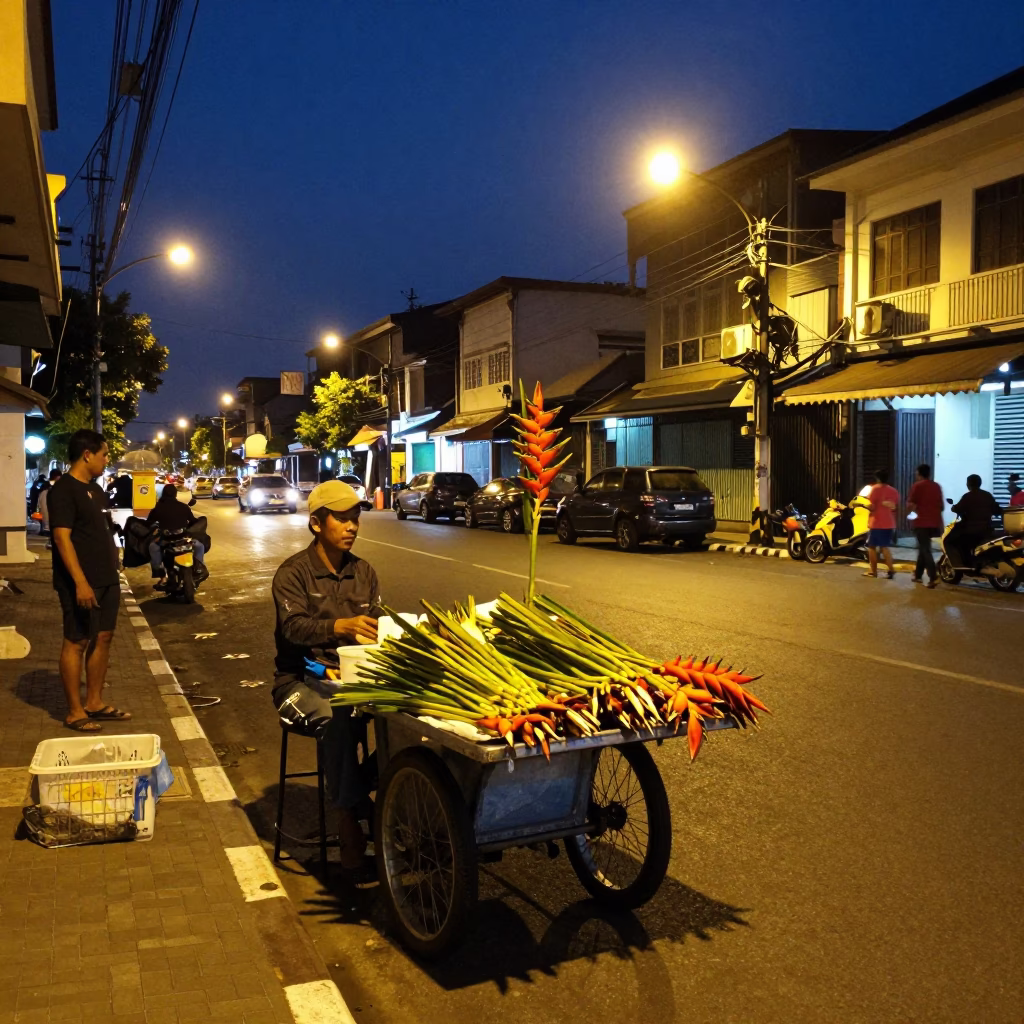 Midnight Street Scene in Surabaya Indonesia with Heliconia and Local Night Activity in in Surabaya, Indonesia