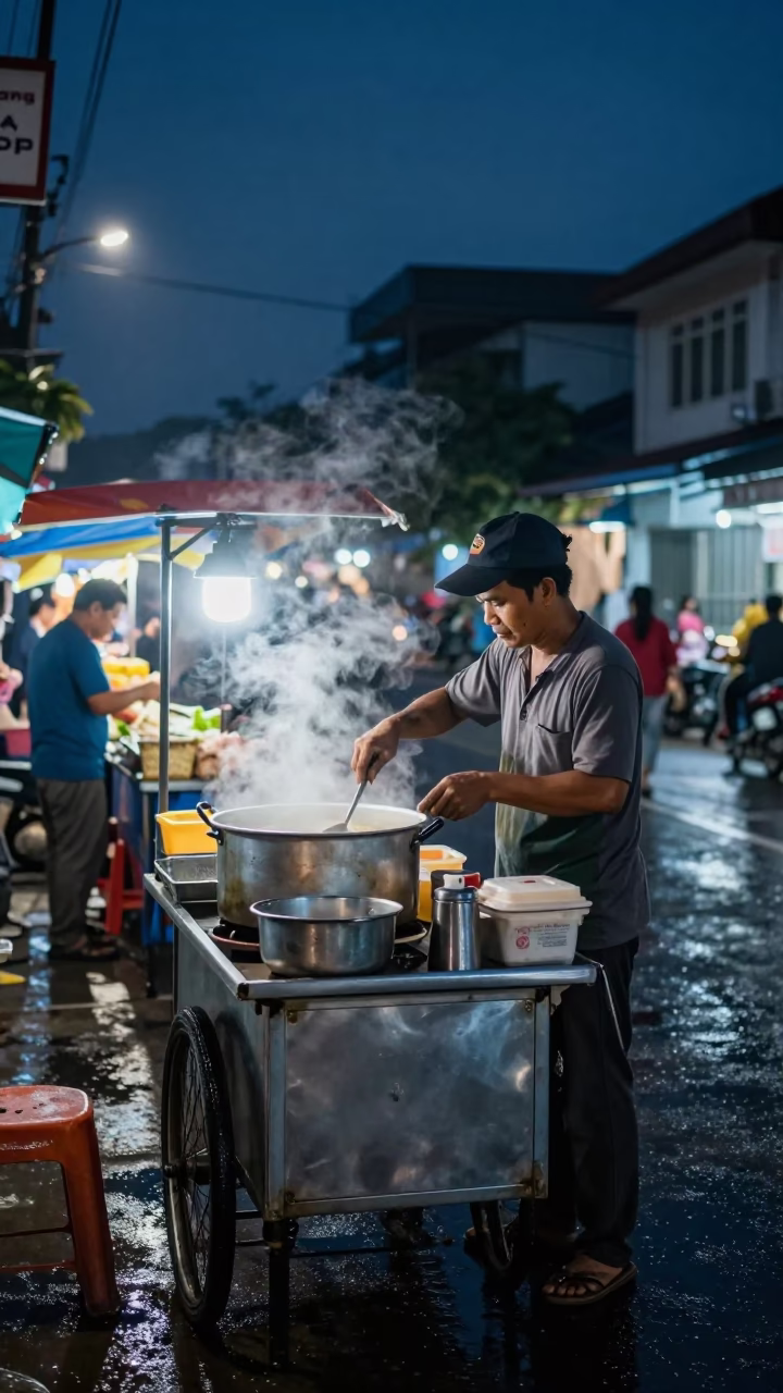 Midnight Street Scene in Surabaya Indonesia with Local Food Vendor and Night Activity in in Surabaya, Indonesia