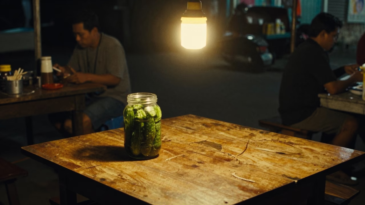 Midnight Street Scene in Surabaya Indonesia with Pickle Jar and Scratched Table in in Surabaya, Indonesia