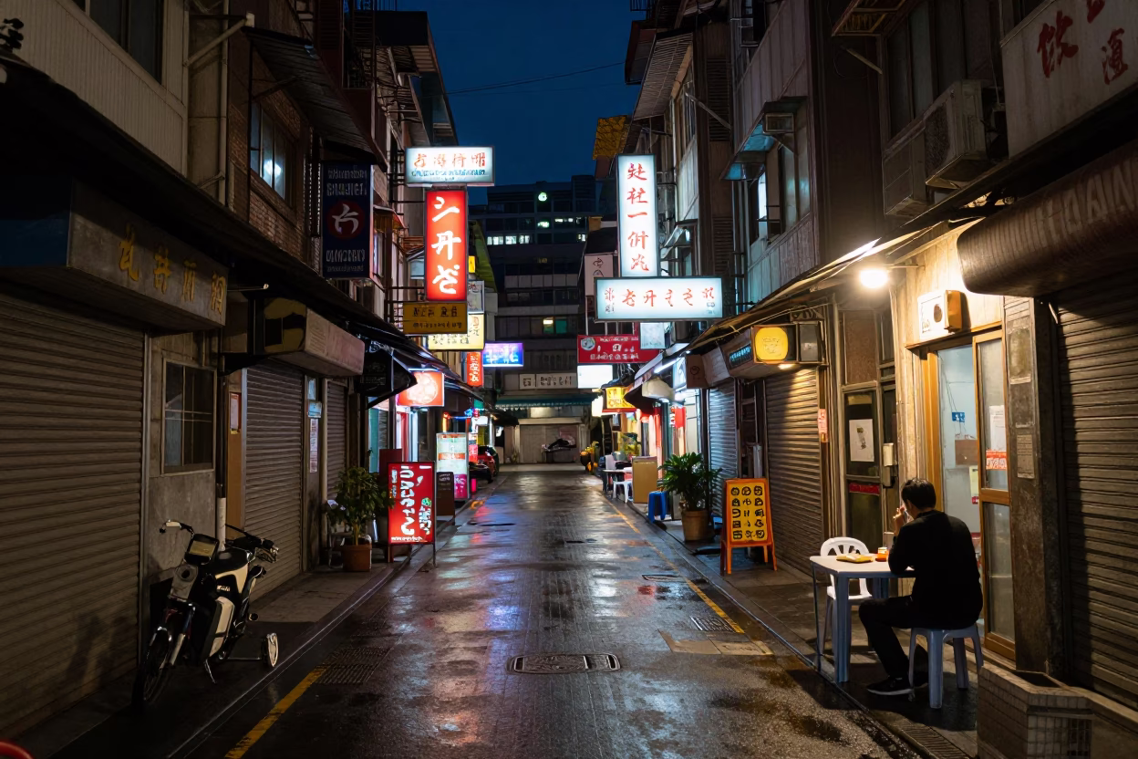 Midnight Street Scene in Taipei Taiwan with Neon Signs and Drinking Vessel in in Taipei, Taiwan