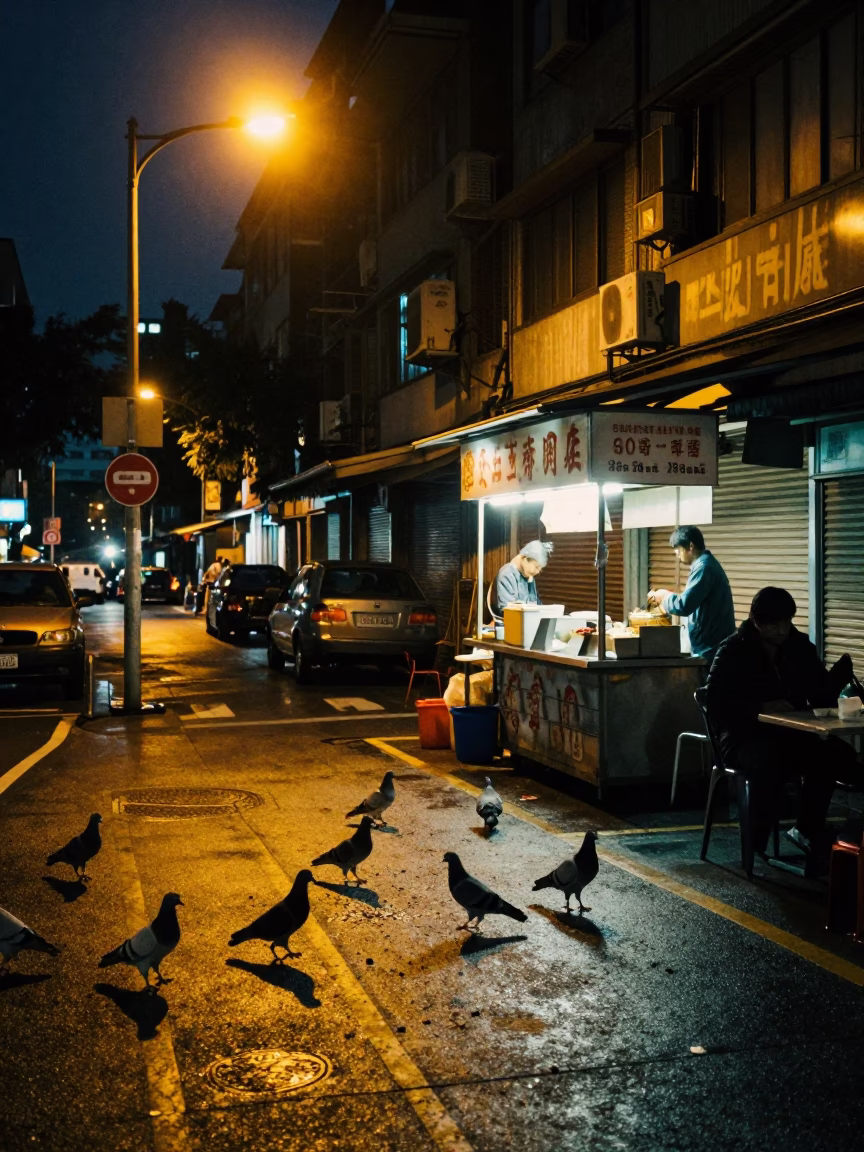 Midnight Street Scene in Taipei Taiwan with Pigeons and Urban Details in in Taipei, Taiwan