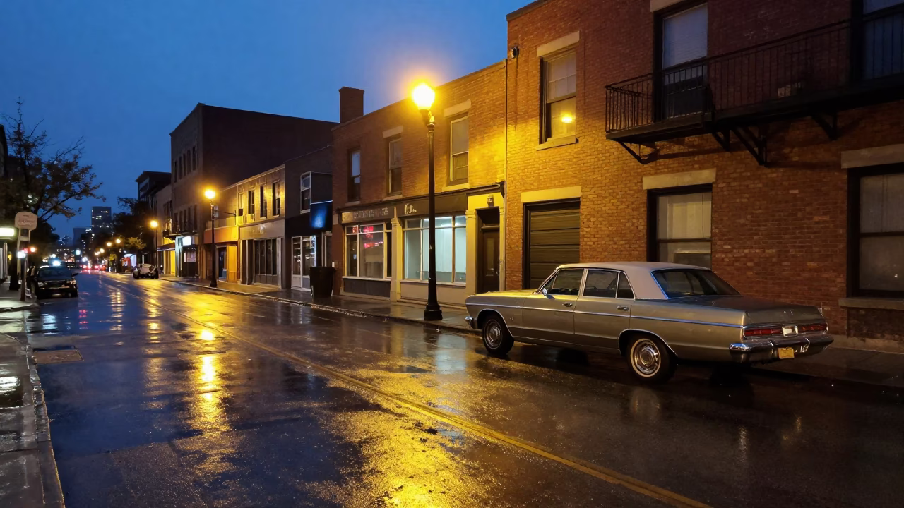 Midnight Street Scene in Toronto Ontario Canada with Vintage 1960s Aesthetic and Urban Details in in Toronto, Ontario, Canada