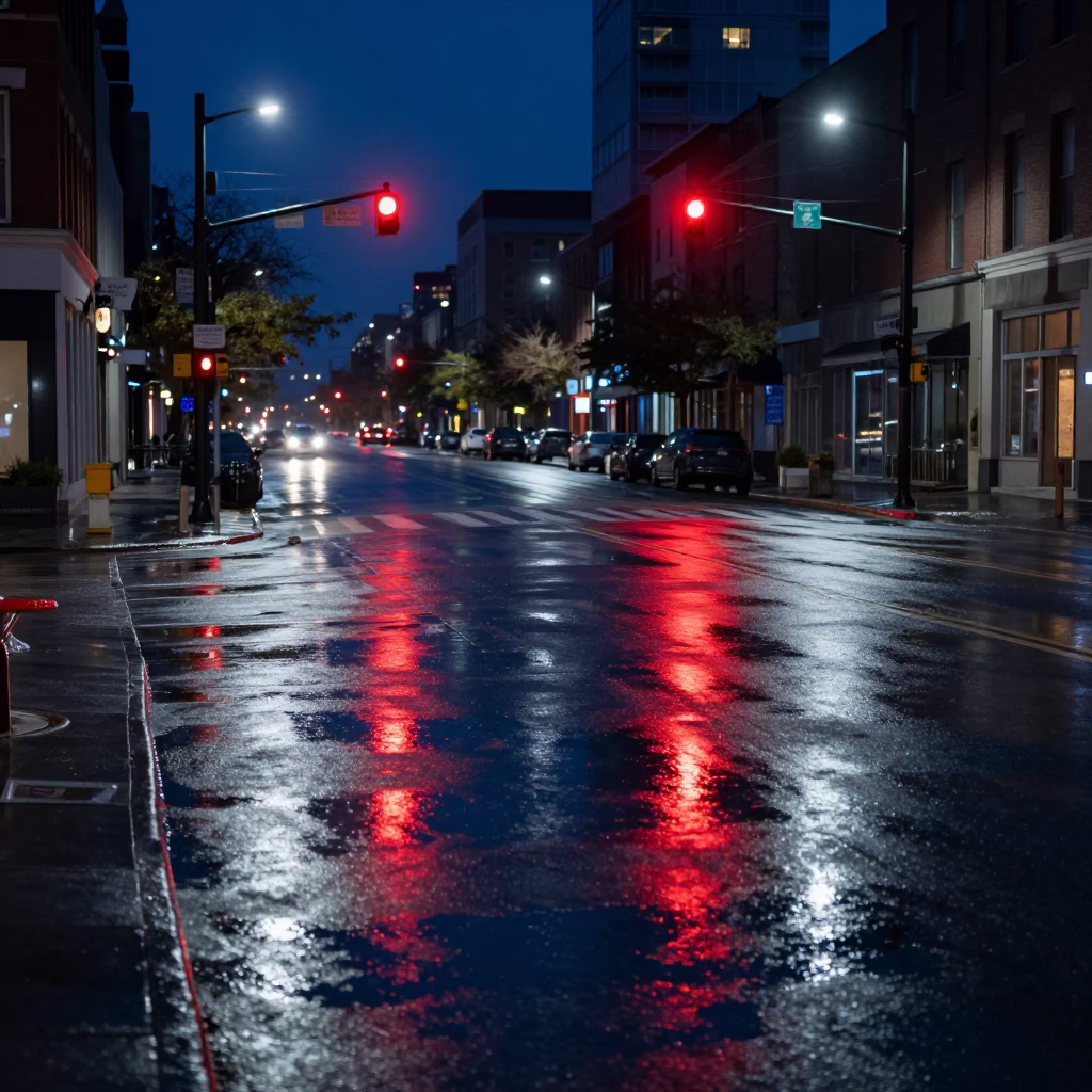 Midnight Street Scene in Toronto Ontario Canada with Wet Pavement Reflections and Urban Architecture in in Toronto, Ontario, Canada