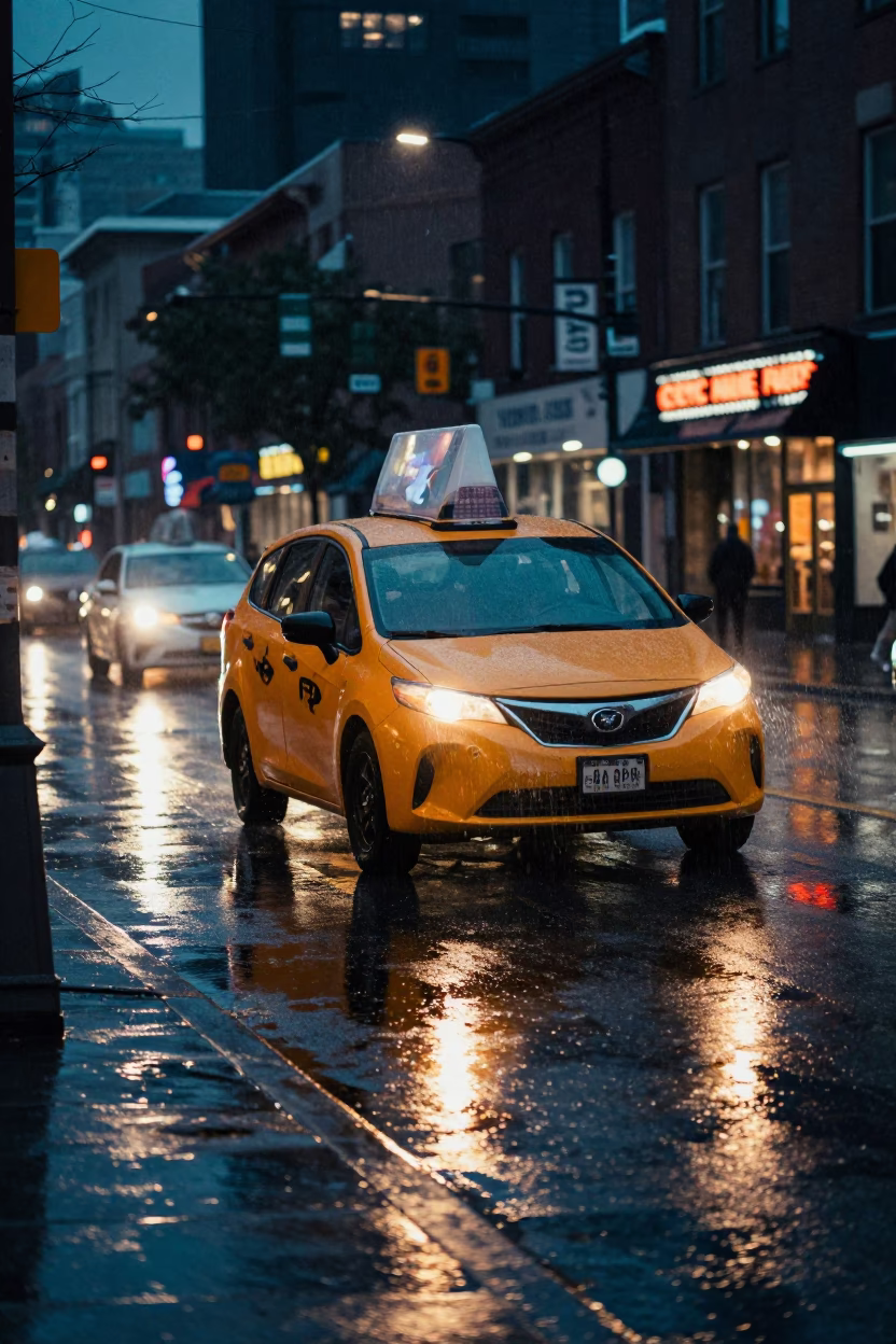Midnight Street Scene in Toronto Ontario Canada with Yellow Taxi and Rain Reflections in in Toronto, Ontario, Canada