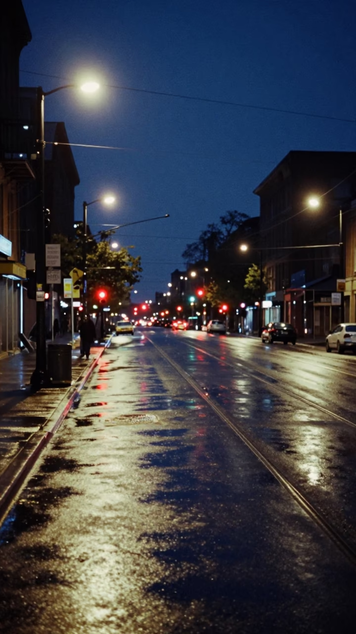 Midnight Street Scene in Toronto Ontario Featuring Streetcar Tracks and Urban Infrastructure in in Toronto, Ontario, Canada